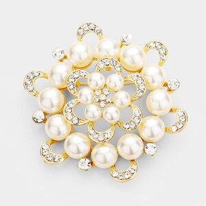 Gold Pearl Brooch Flower Crystal Pin 3 Inch Round Rhinestones Bling Accessory